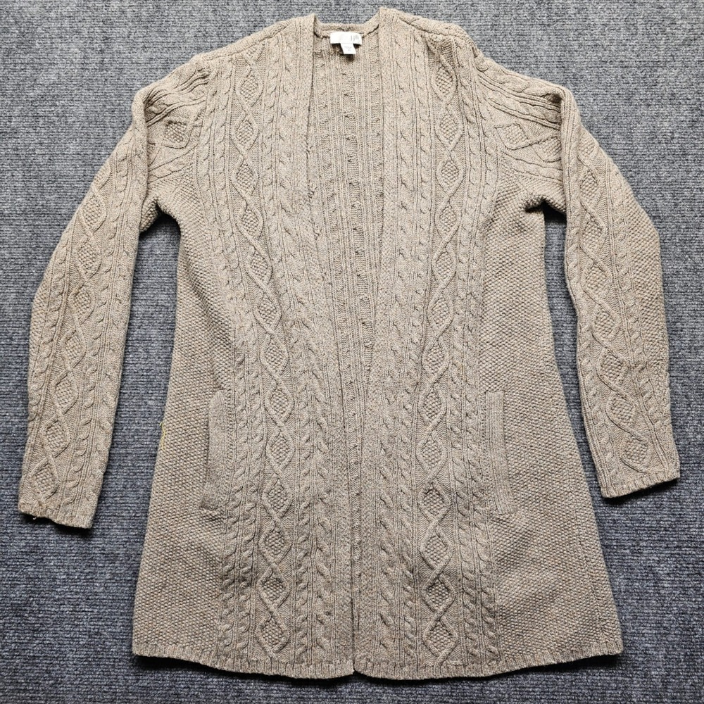 J. Jill Womens XS Oatmeal Tan Cable Knit Open Front Cardigan Wool Blend Sweater